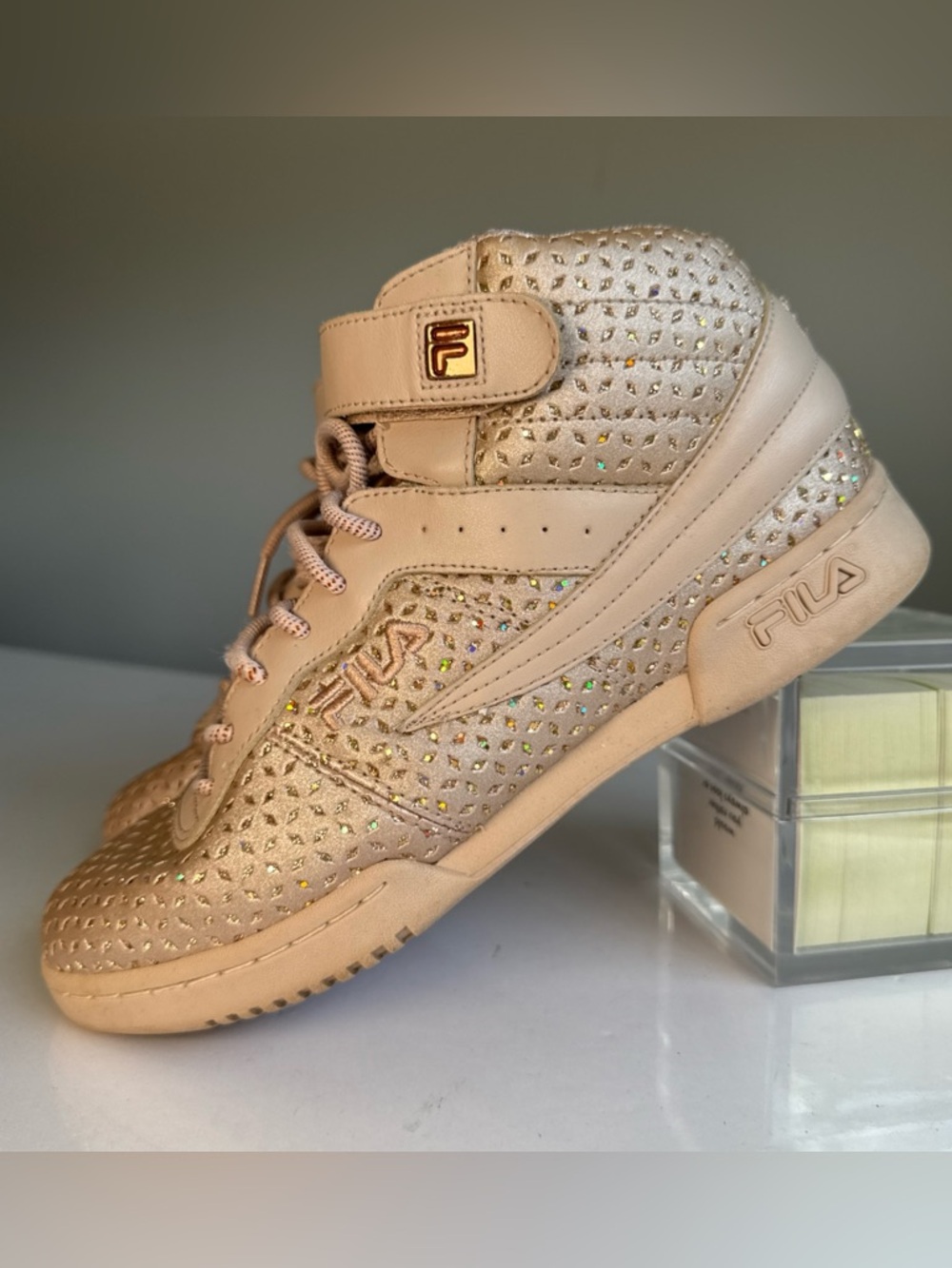 Rare Fila Vulc 13 Rose Gold Sparkly High-top Sneakers Womens 9 Bling Embellished